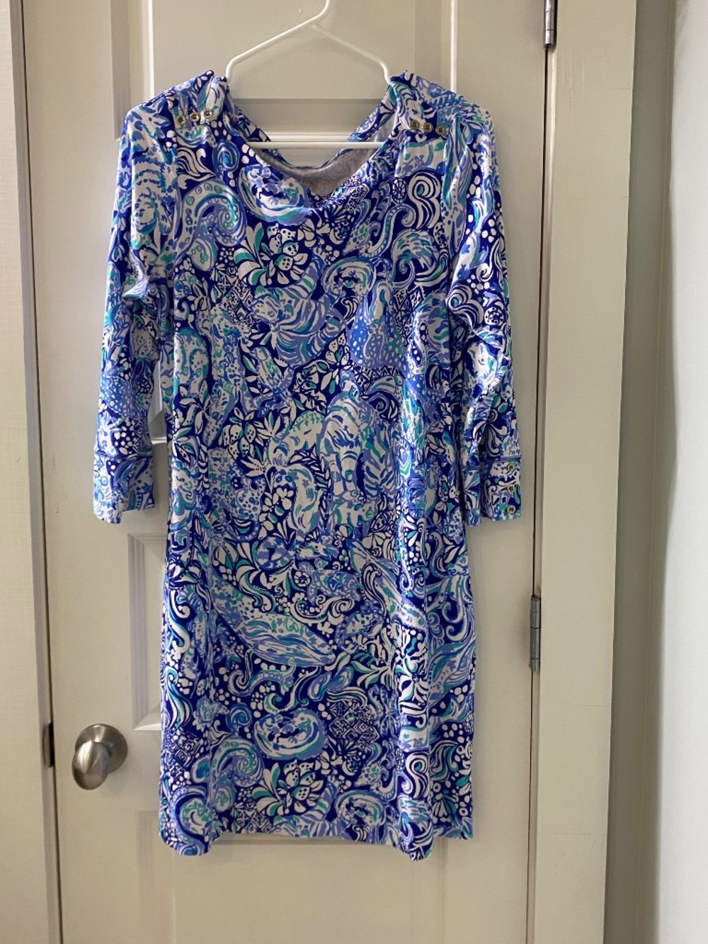 Lilly Pulitzer UPF 50+ Sophie Dress in Blue & Aqua Marine Print, Size L